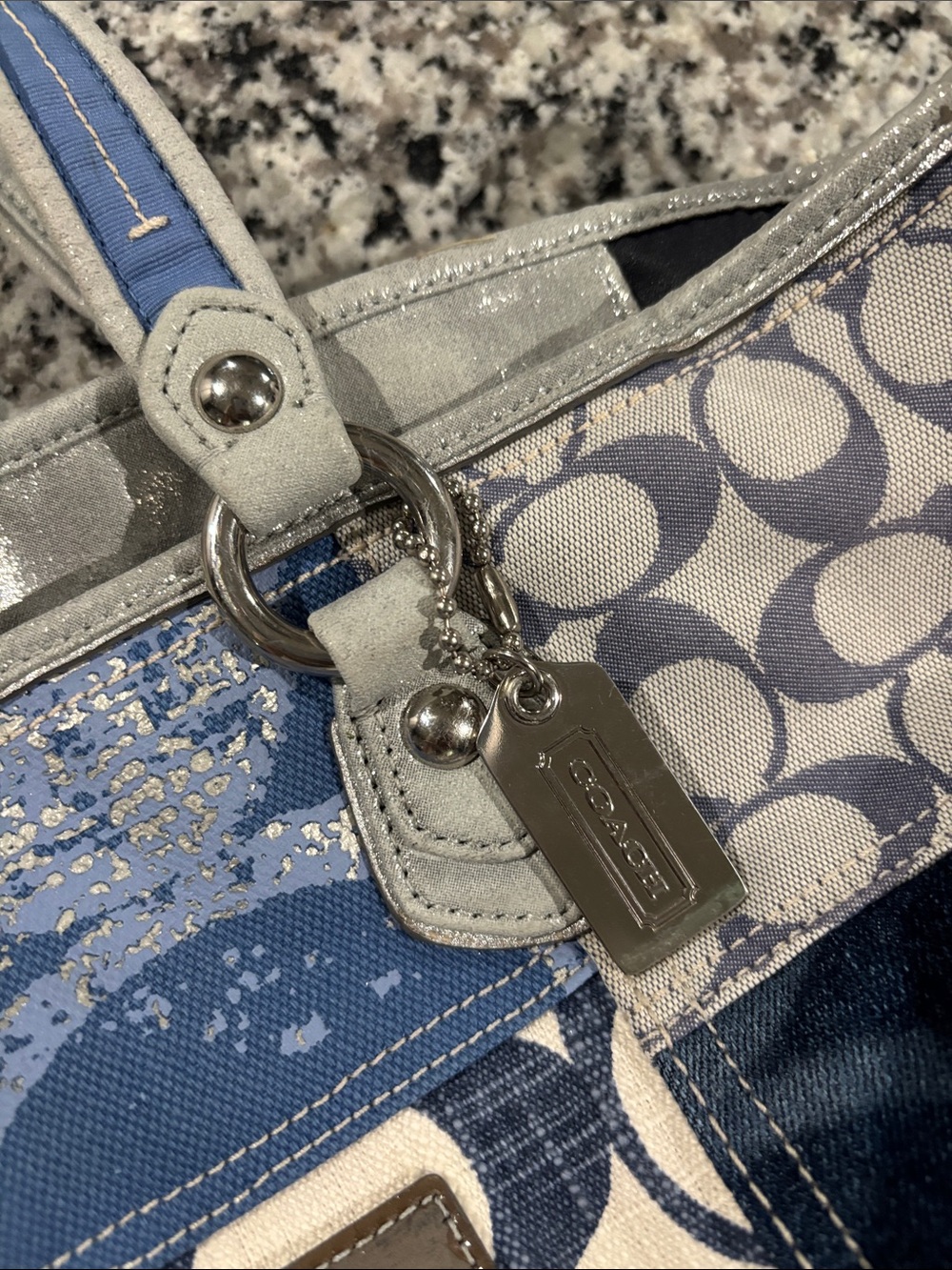 Coach Patchwork Signature Tote in Blue and Cream with Silver Trim - Picture 6 of 12
